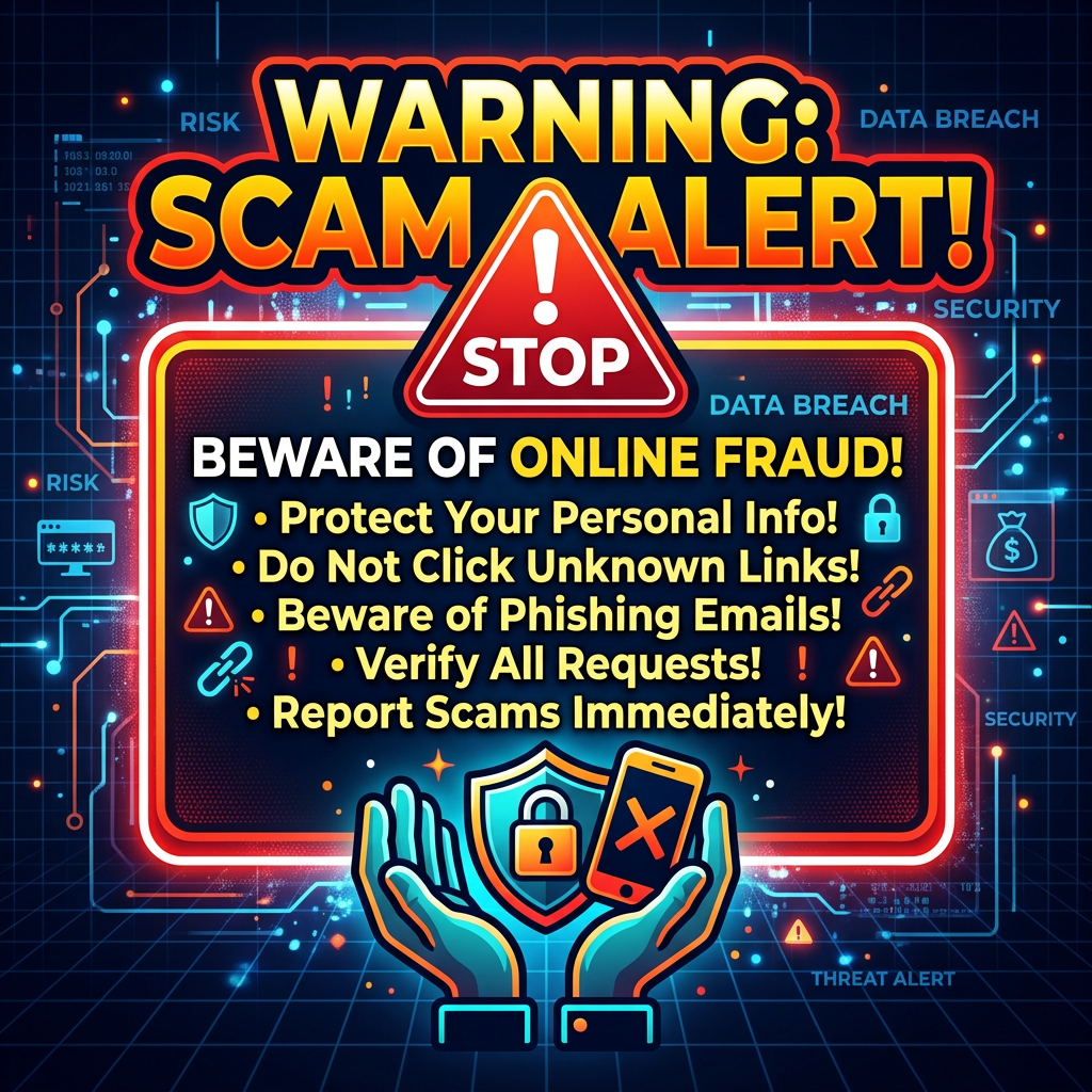 Warning scam alert with tips to protect personal info, avoid unknown links, beware phishing emails, verify requests, and report scams.